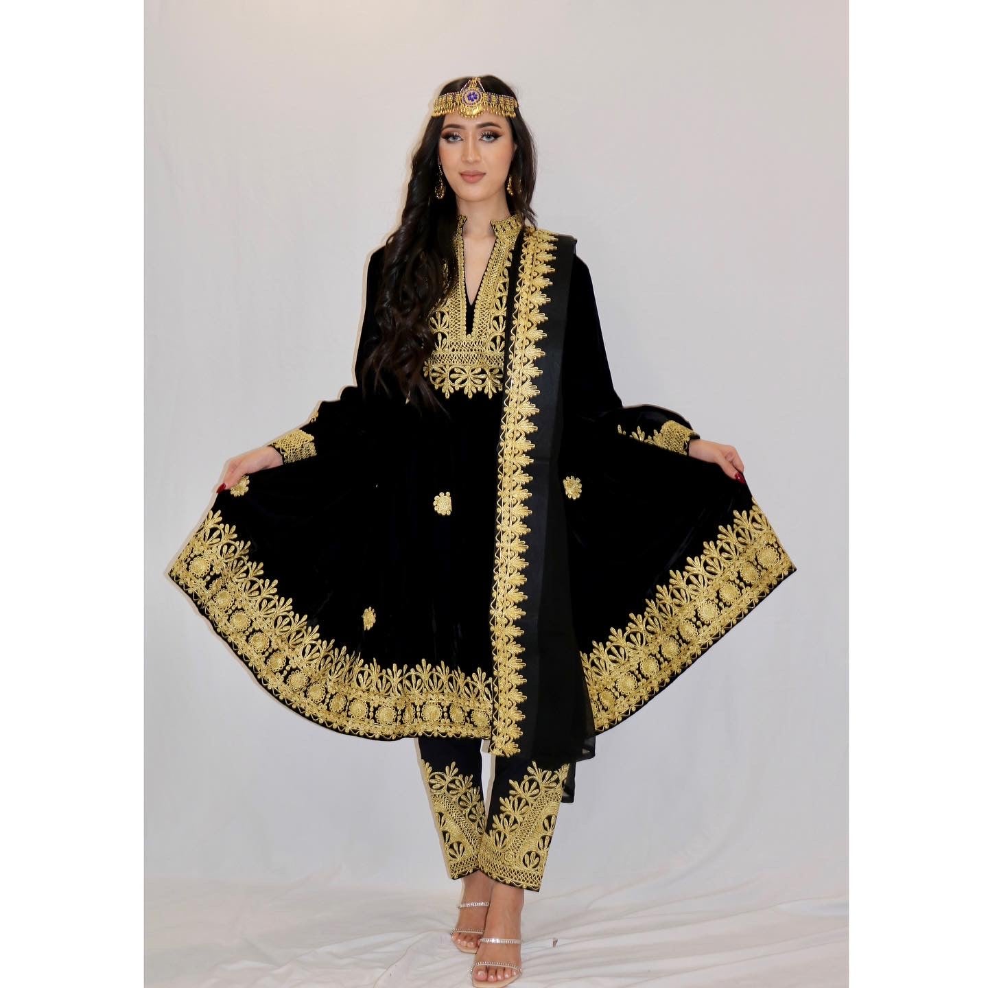 Nel Afghan Kuchi Dress Black/Gold embroidery