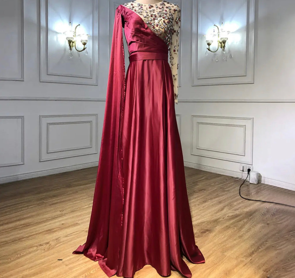 Green A Line One Shoulder Long Sleeve Satin Evening Gowns