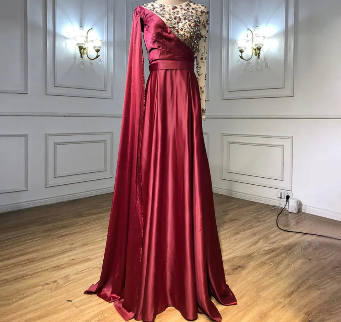 Green A Line One Shoulder Long Sleeve Satin Evening Gowns