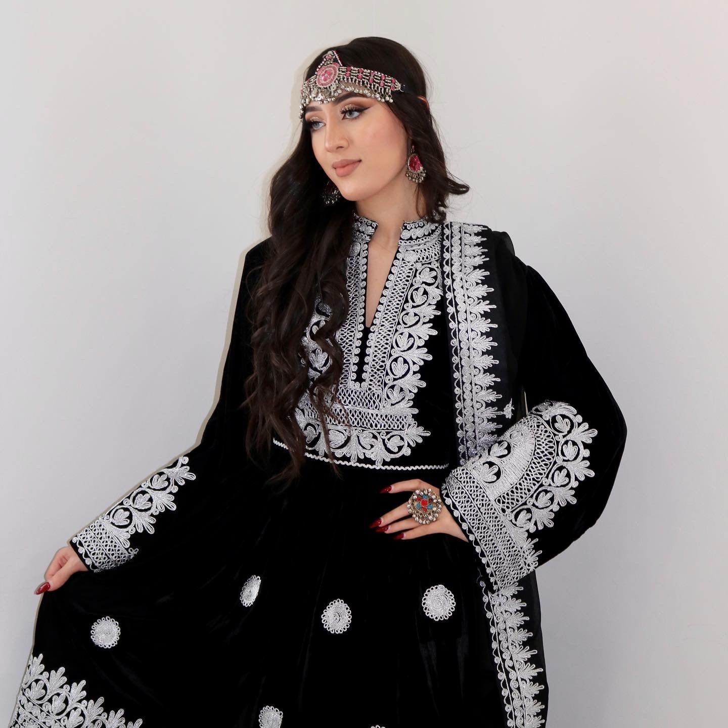 Nel Afghan Kuchi Dress Black/Silver embroidery