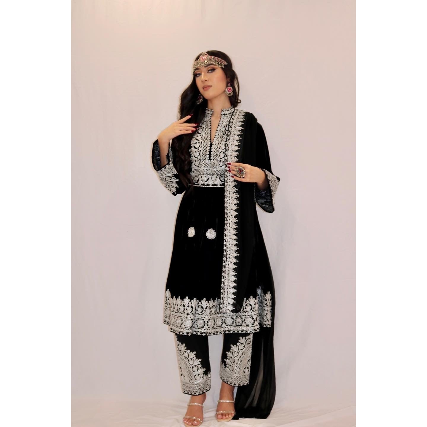 Nel Afghan Kuchi Dress Black/Silver embroidery