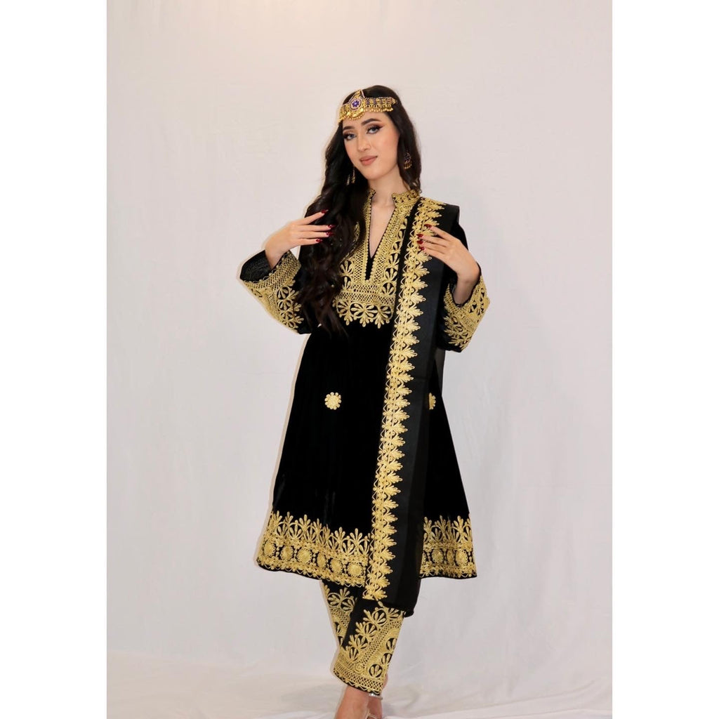 Nel Afghan Kuchi Dress Black/Gold embroidery