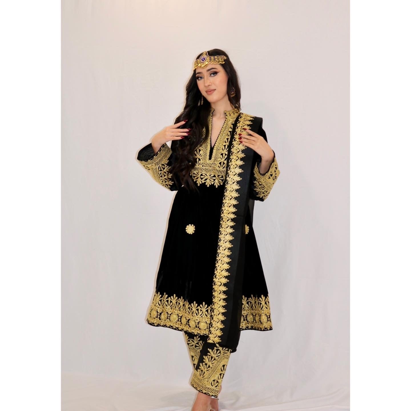 Nel Afghan Kuchi Dress Black/Gold embroidery
