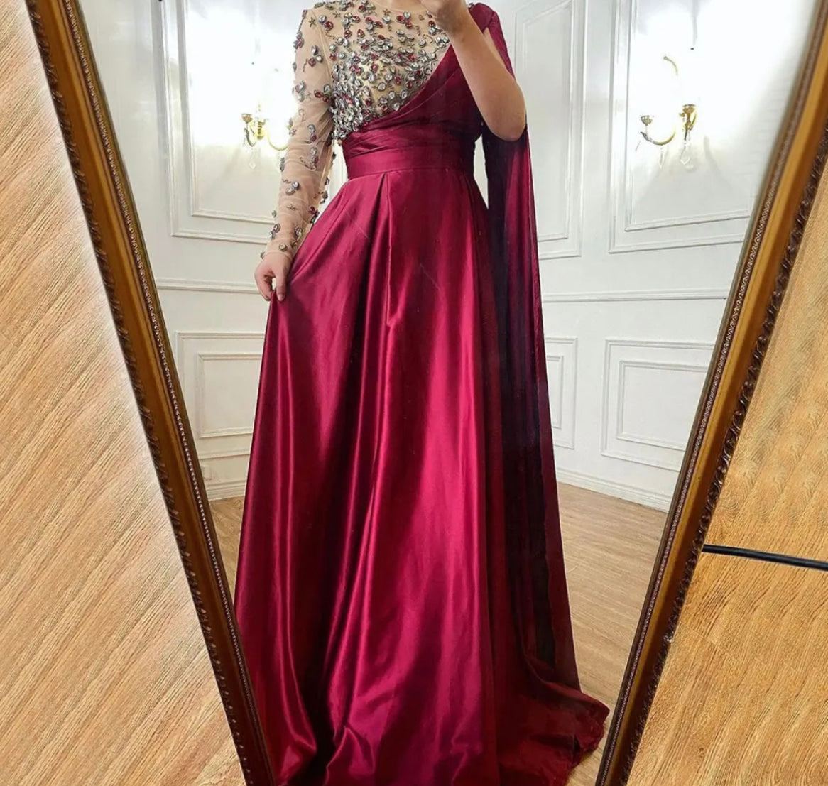 Green A Line One Shoulder Long Sleeve Satin Evening Gowns