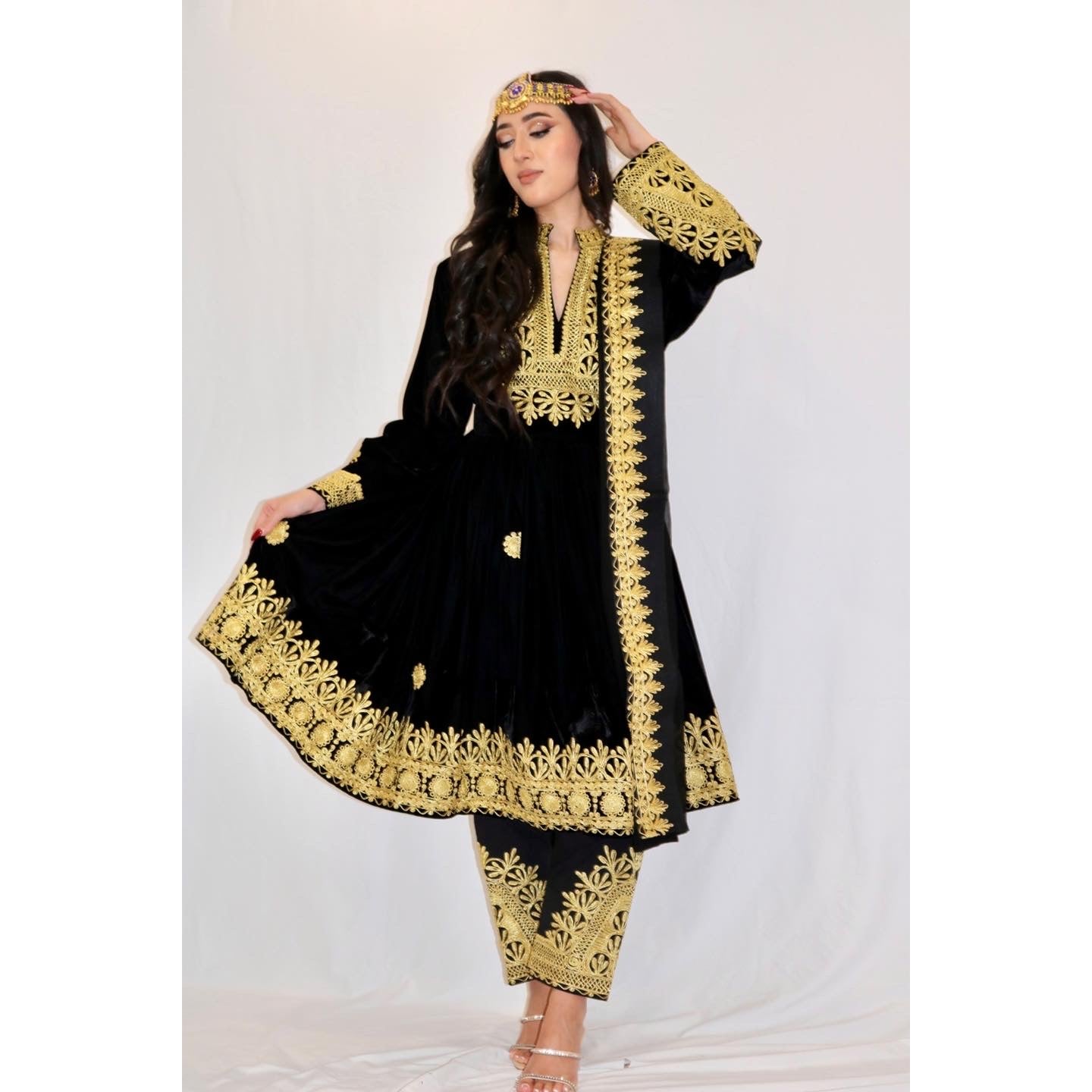 Nel Afghan Kuchi Dress Black/Gold embroidery