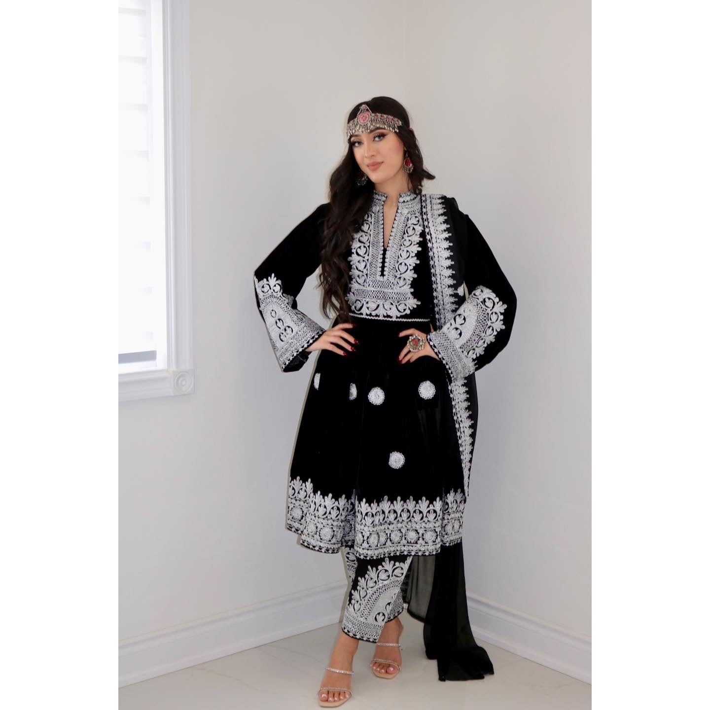Nel Afghan Kuchi Dress Black/Silver embroidery