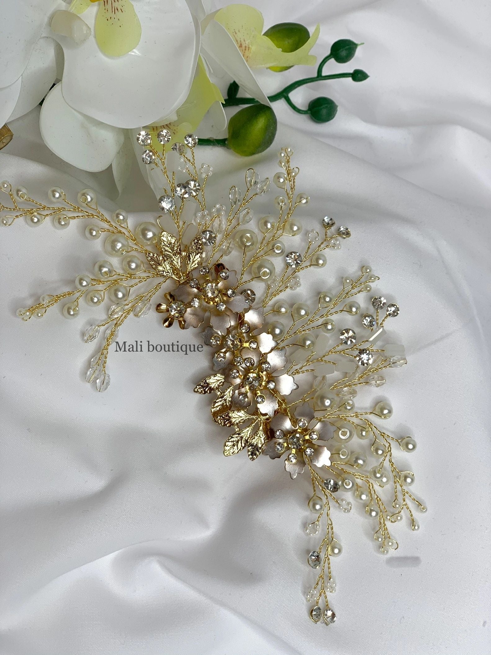 Pearl and Gold Leaf Flower Headpiece Wedding Hair Accessories