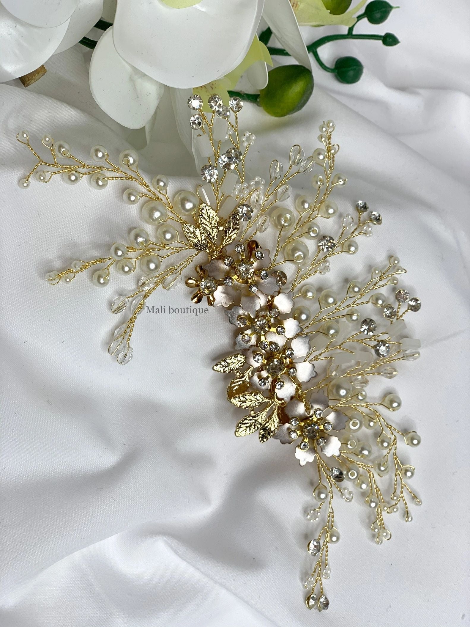 Pearl and Gold Leaf Flower Headpiece Wedding Hair Accessories