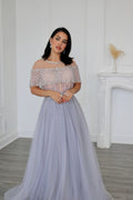 Blue Grey A Line Diamond Beaded Evening Dress