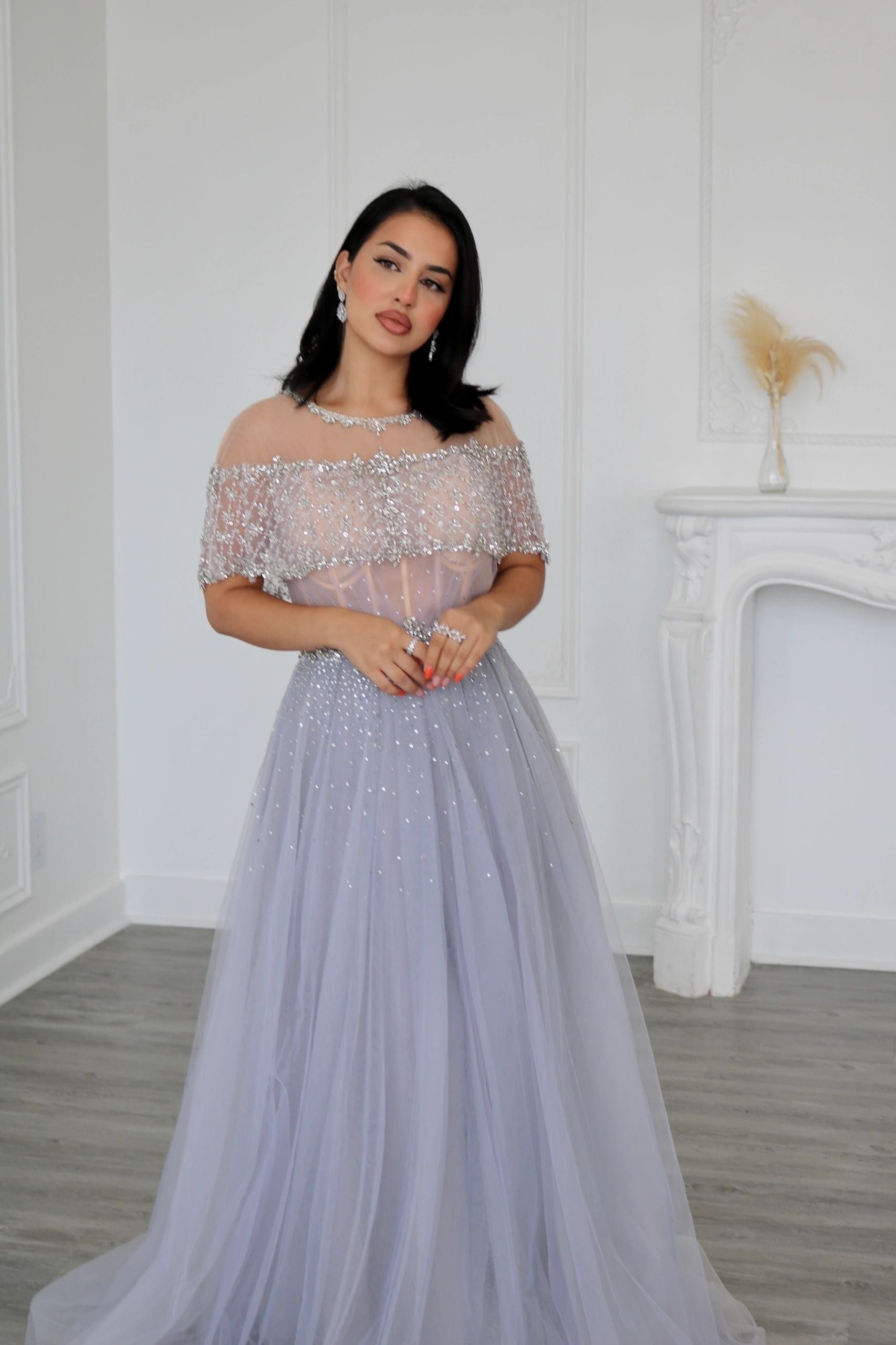 Blue Grey A Line Diamond Beaded Evening Dress