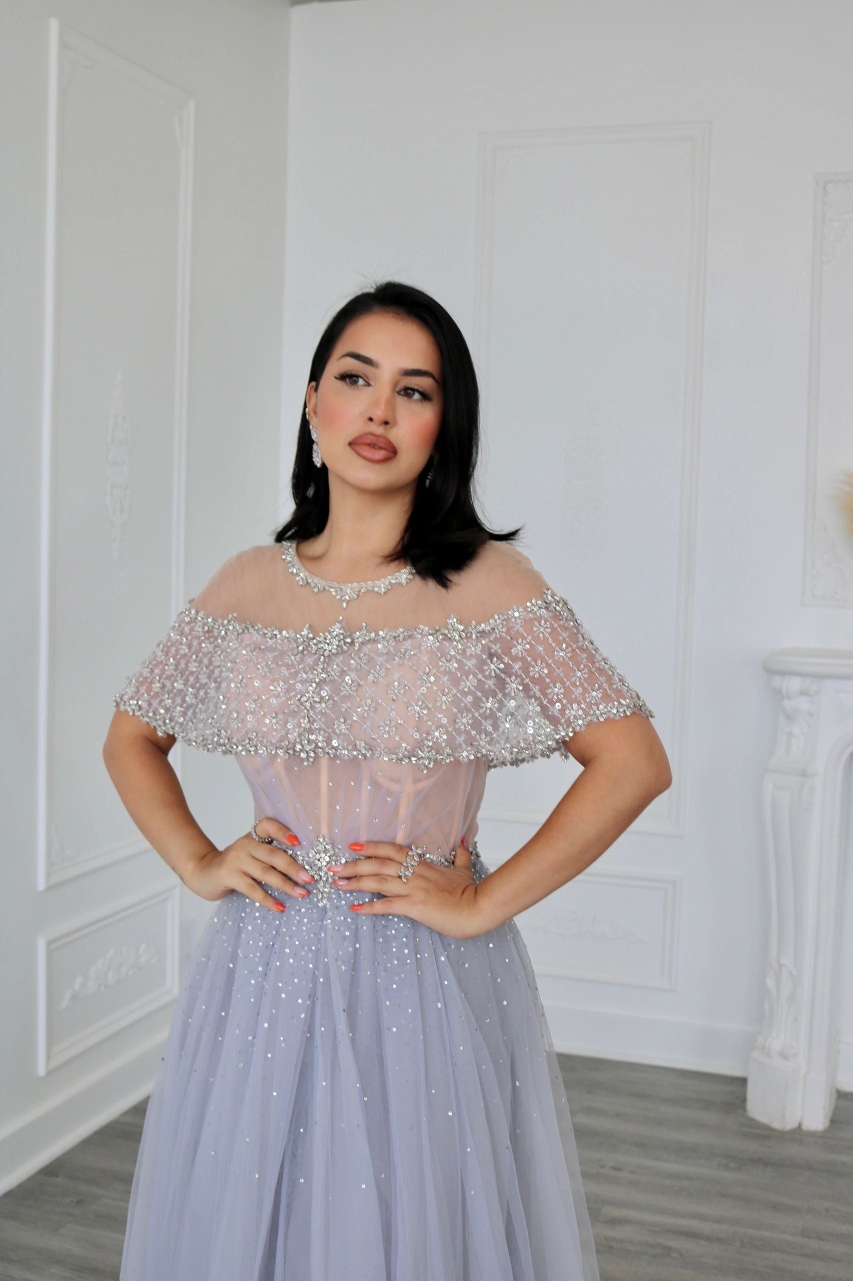 Blue Grey A Line Diamond Beaded Evening Dress