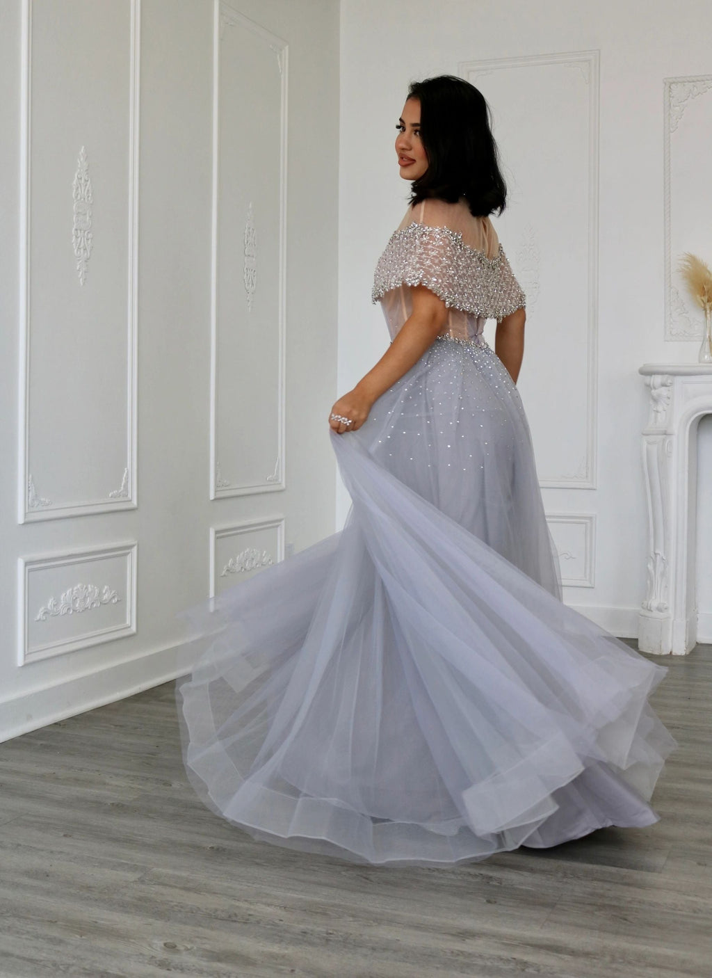 Blue Grey A Line Diamond Beaded Evening Dress
