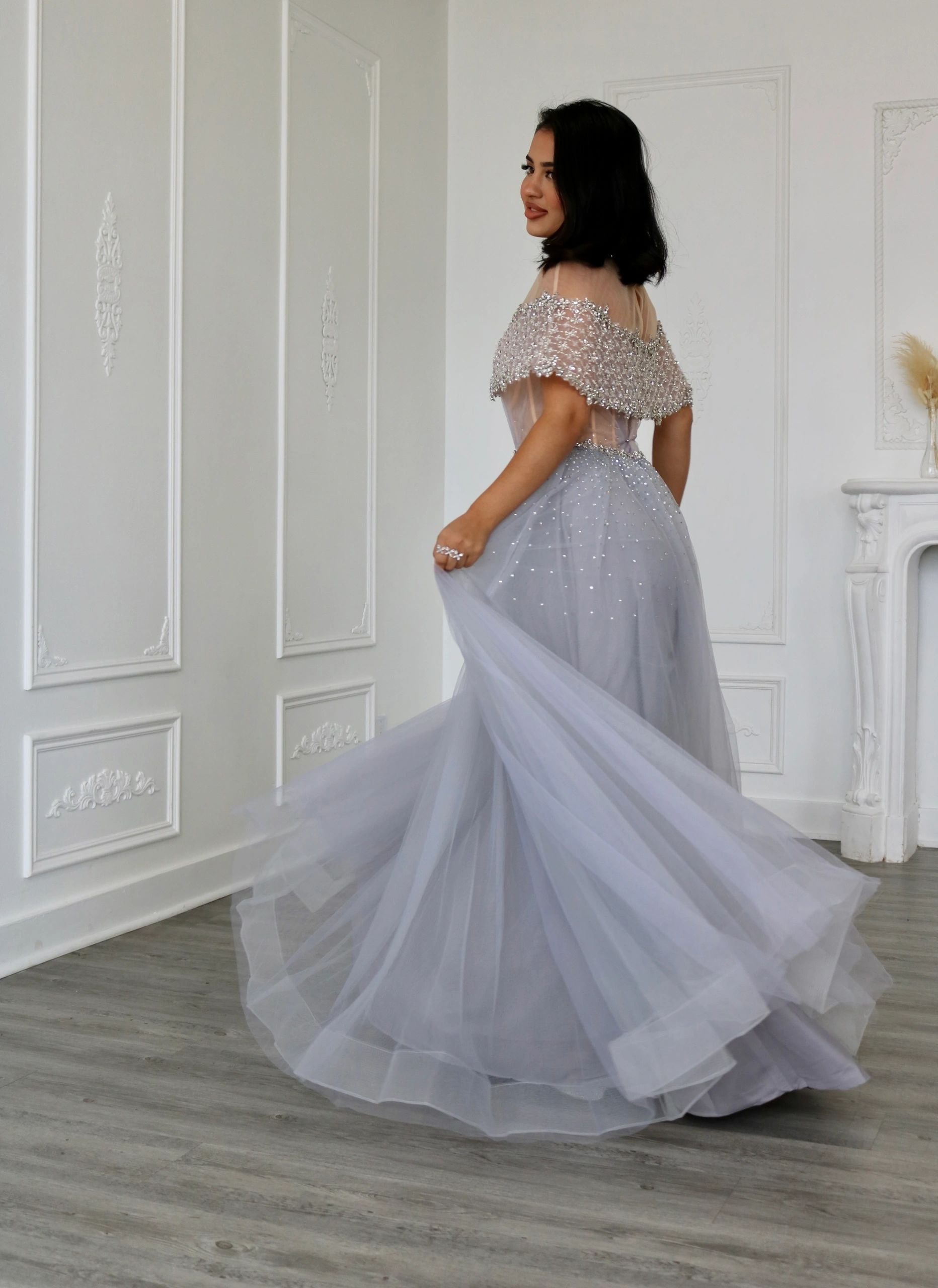 Blue Grey A Line Diamond Beaded Evening Dress