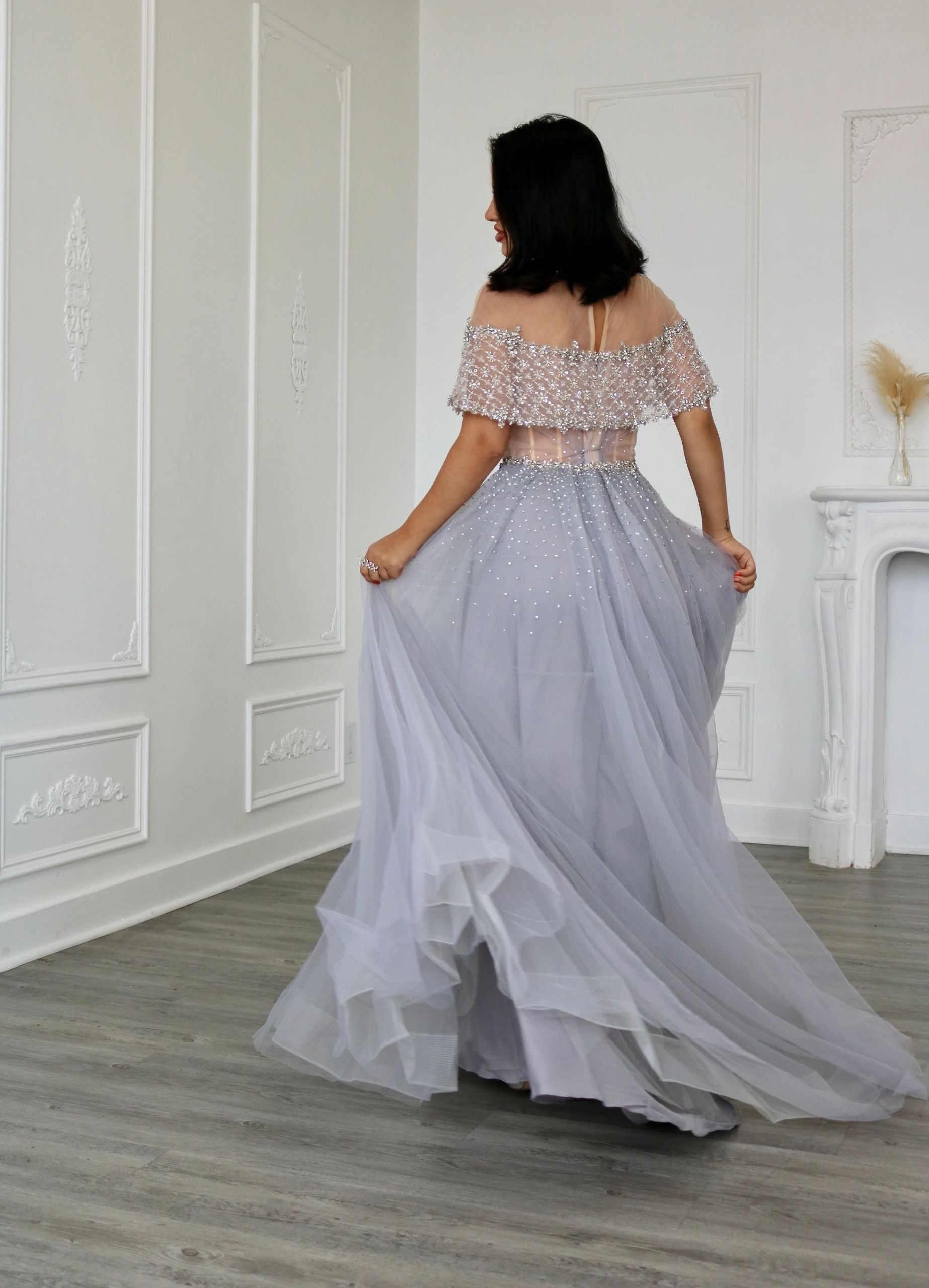 Blue Grey A Line Diamond Beaded Evening Dress