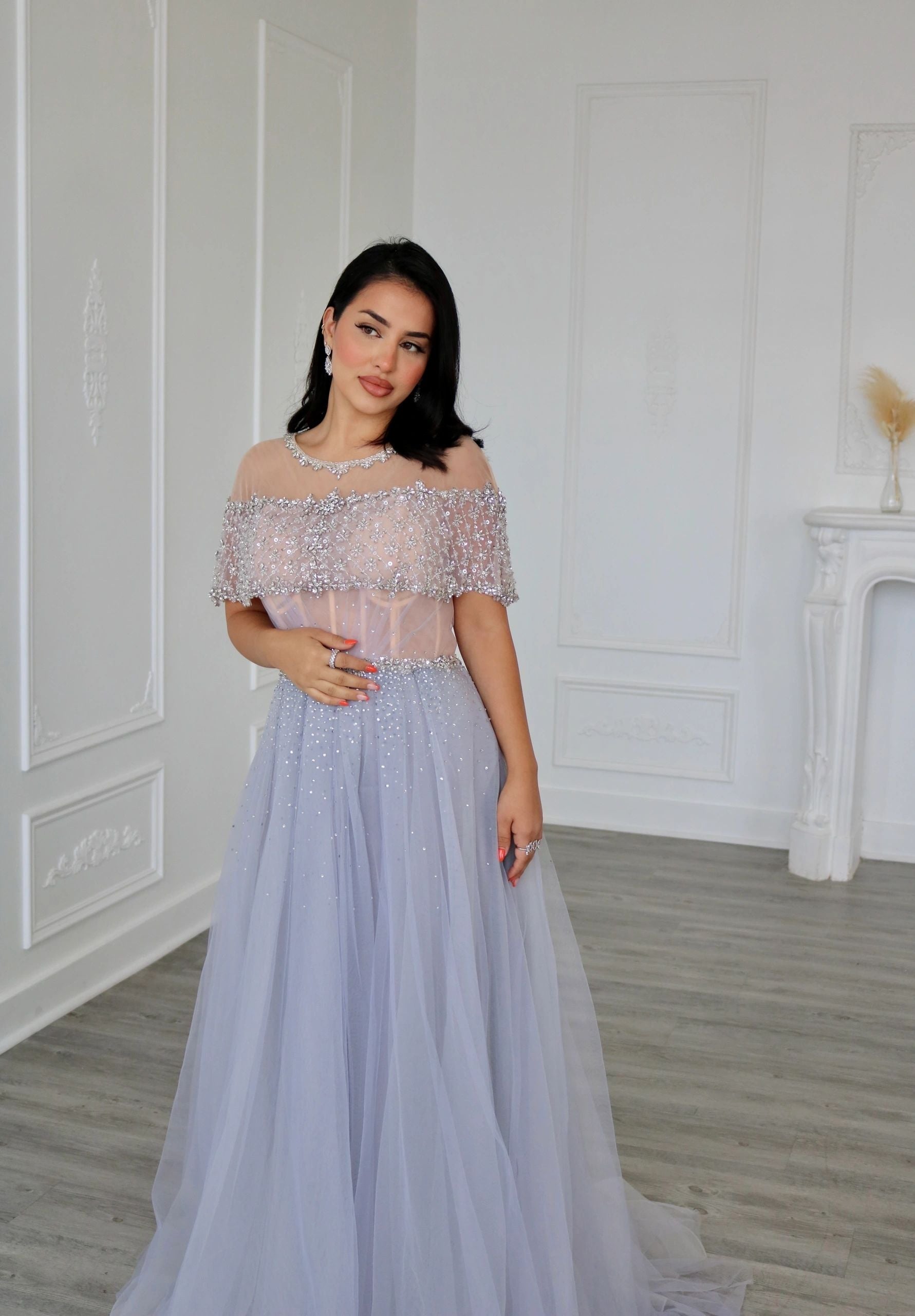 Blue Grey A Line Diamond Beaded Evening Dress