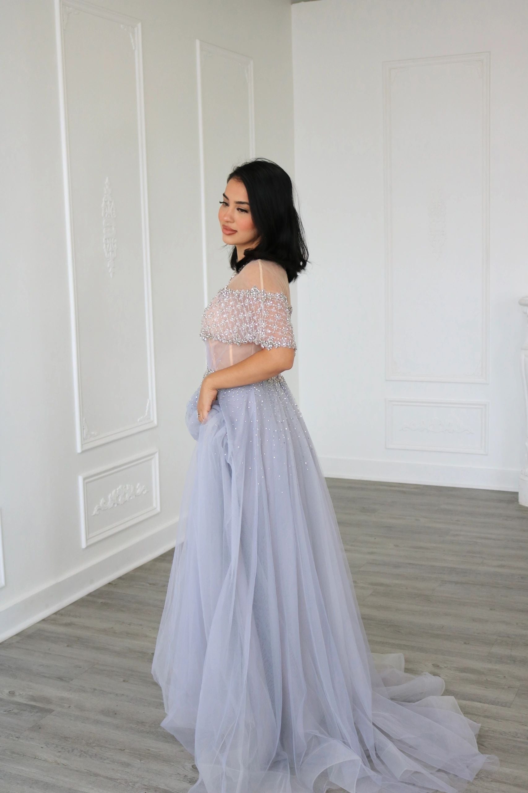 Blue Grey A Line Diamond Beaded Evening Dress