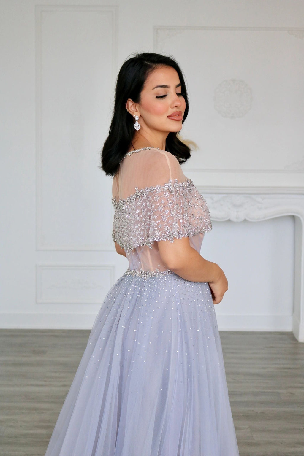 Blue Grey A Line Diamond Beaded Evening Dress