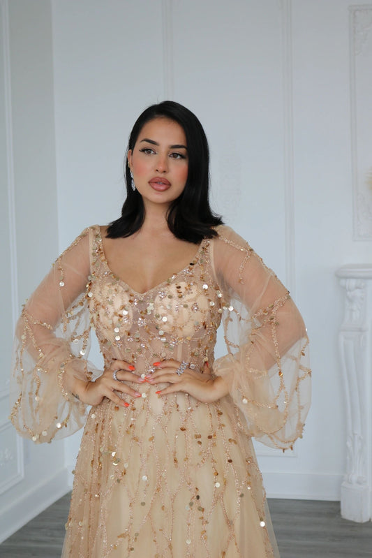 A Line V Neck Long Puff Sleeves Evening Dress