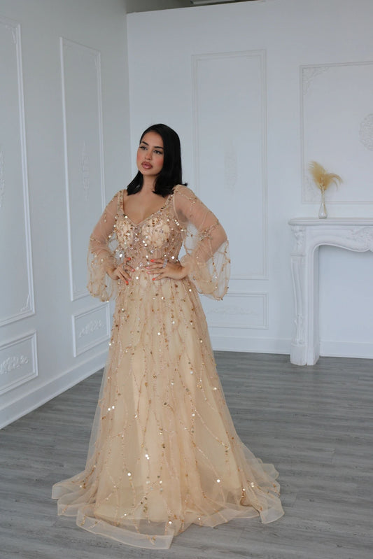 A Line V Neck Long Puff Sleeves Evening Dress