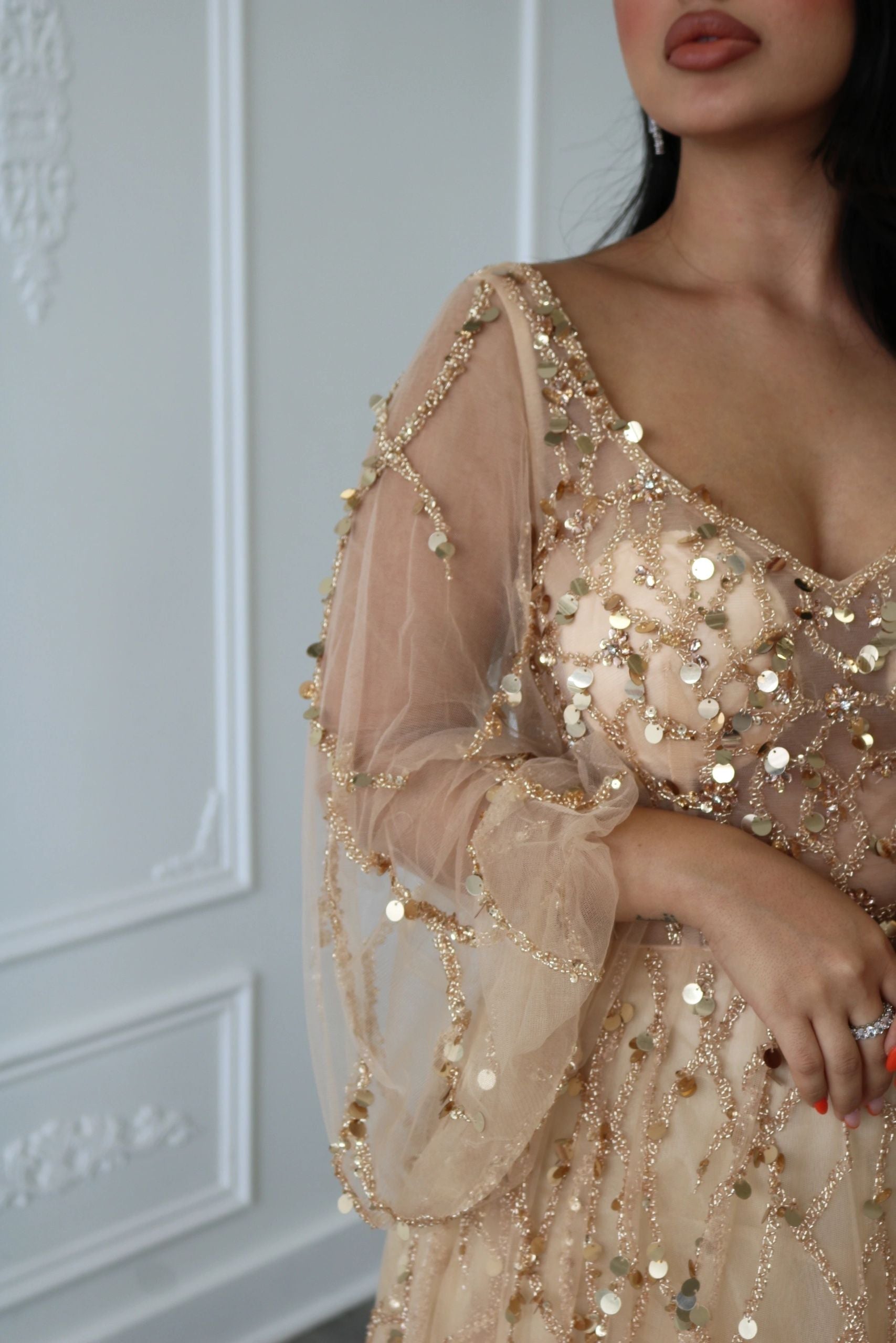 A Line V Neck Long Puff Sleeves Evening Dress