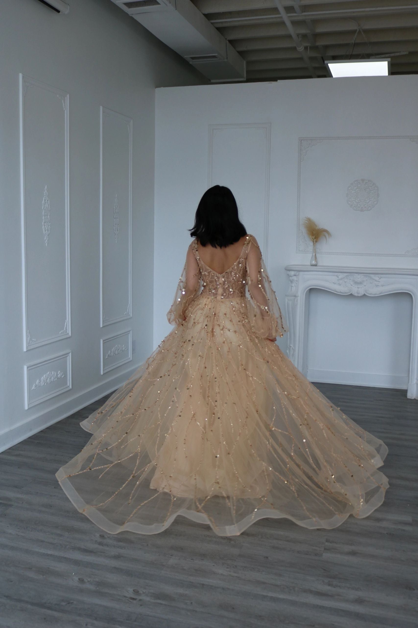 A Line V Neck Long Puff Sleeves Evening Dress