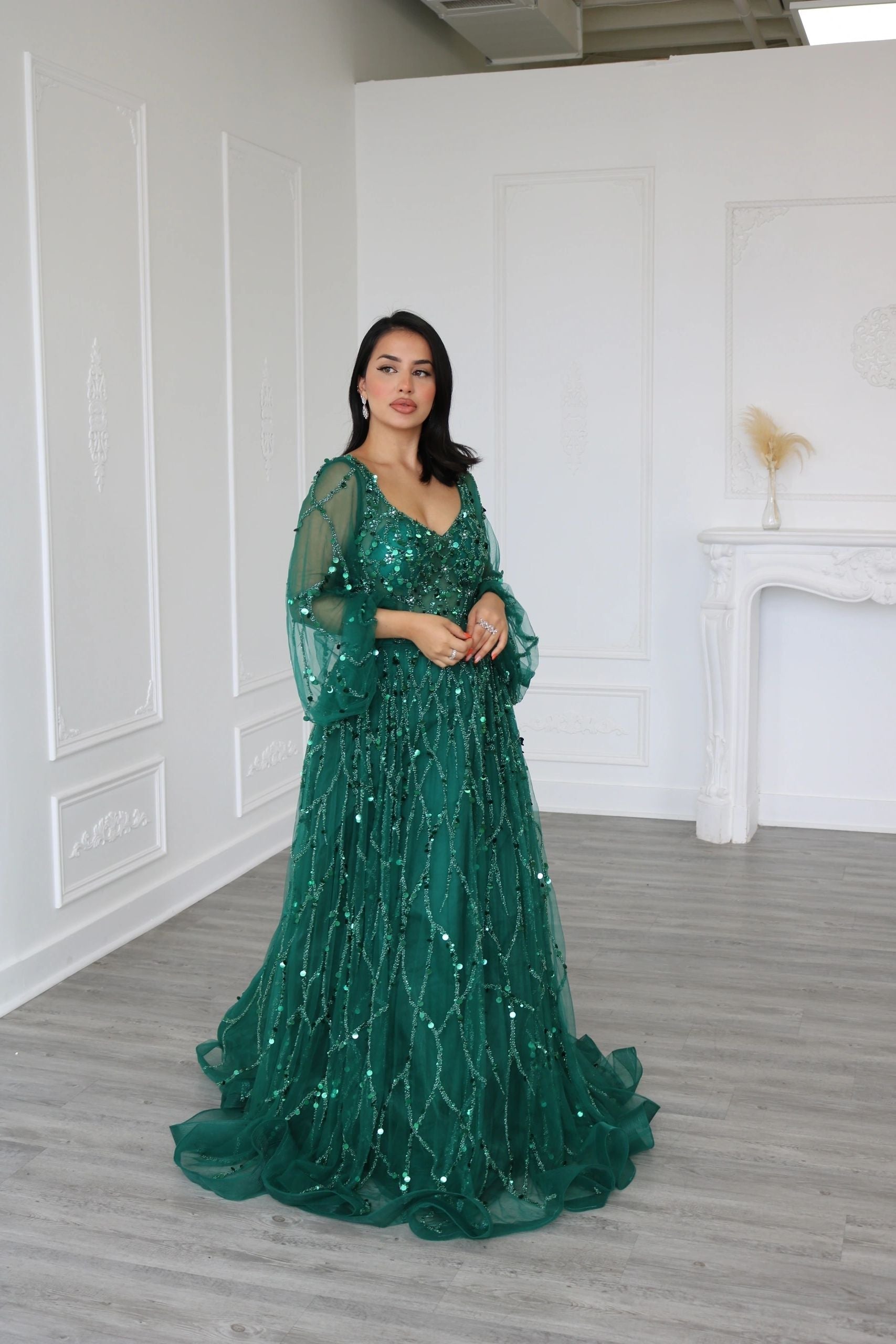 A Line V Neck Long Puff Sleeves Evening Dress