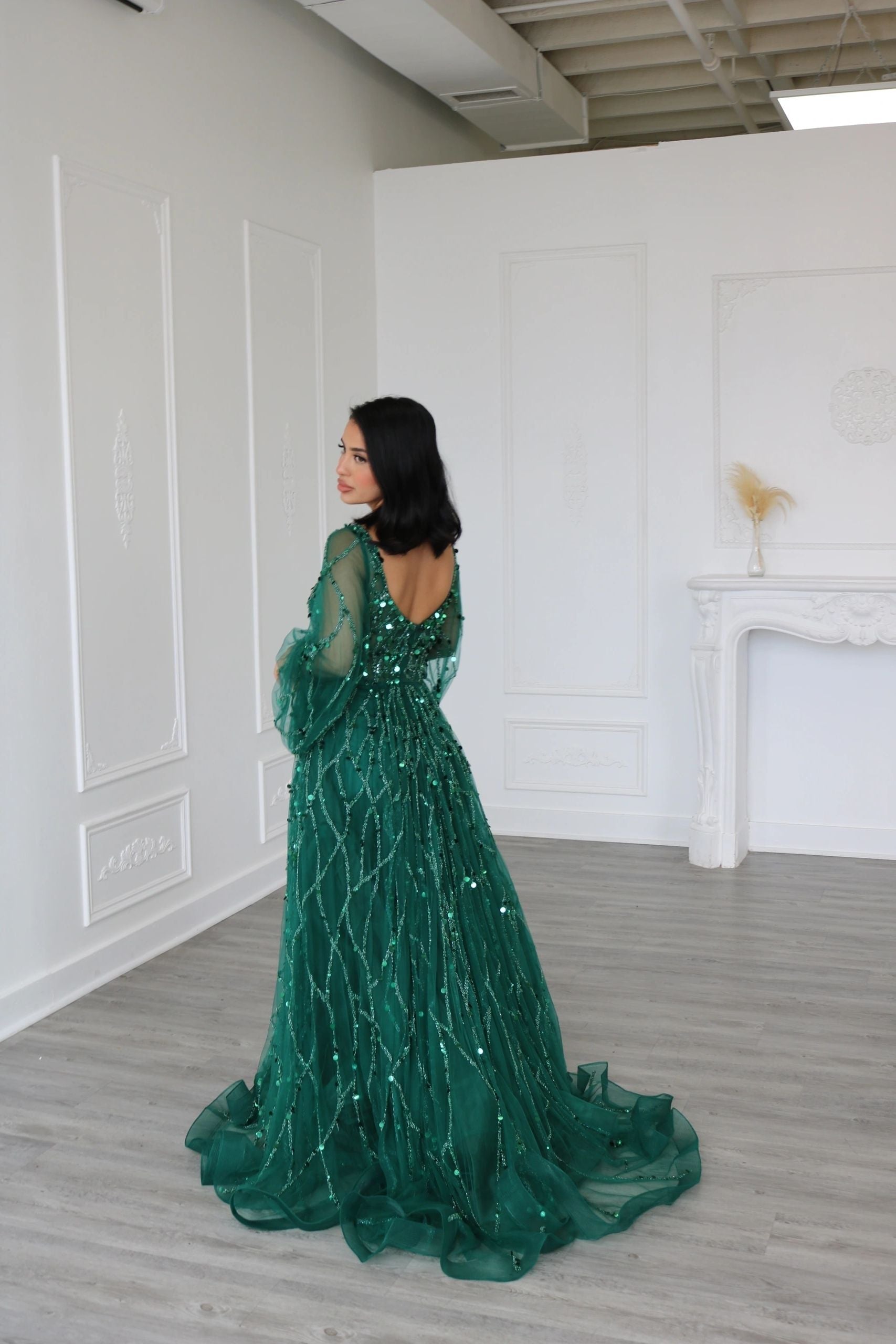 A Line V Neck Long Puff Sleeves Evening Dress