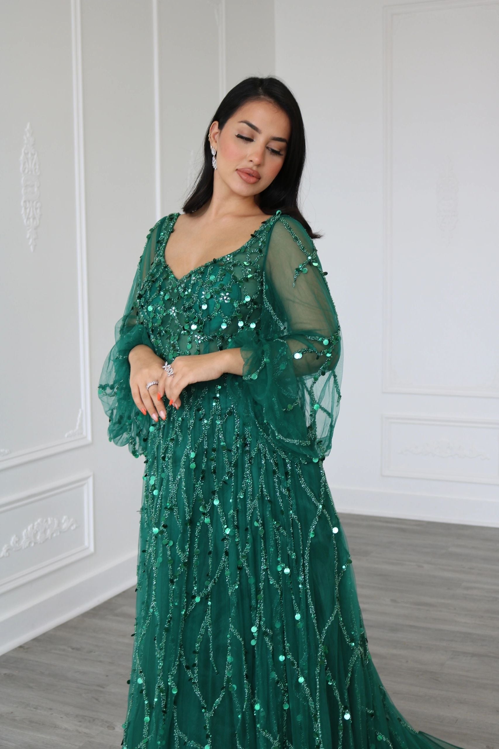 A Line V Neck Long Puff Sleeves Evening Dress