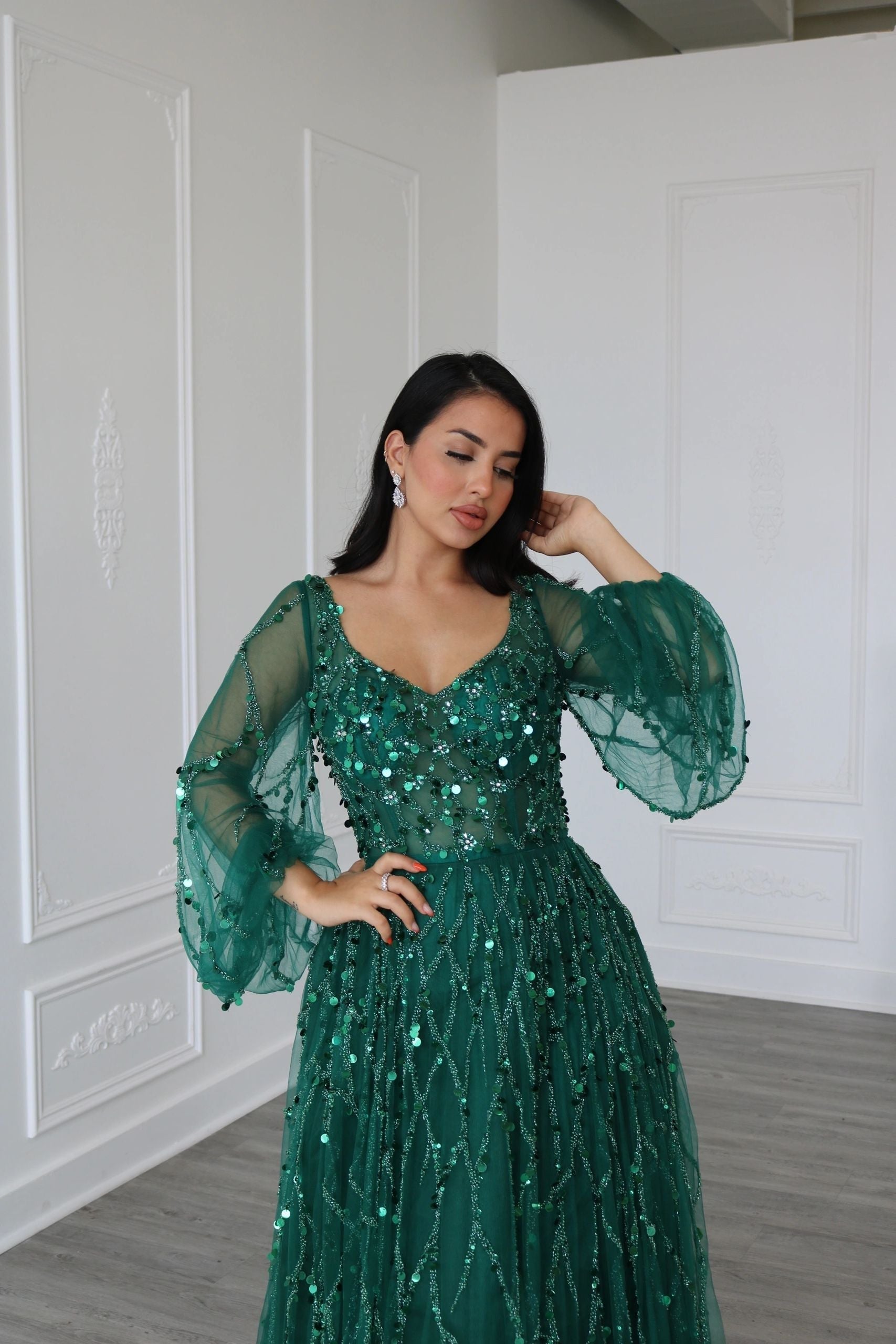 A Line V Neck Long Puff Sleeves Evening Dress