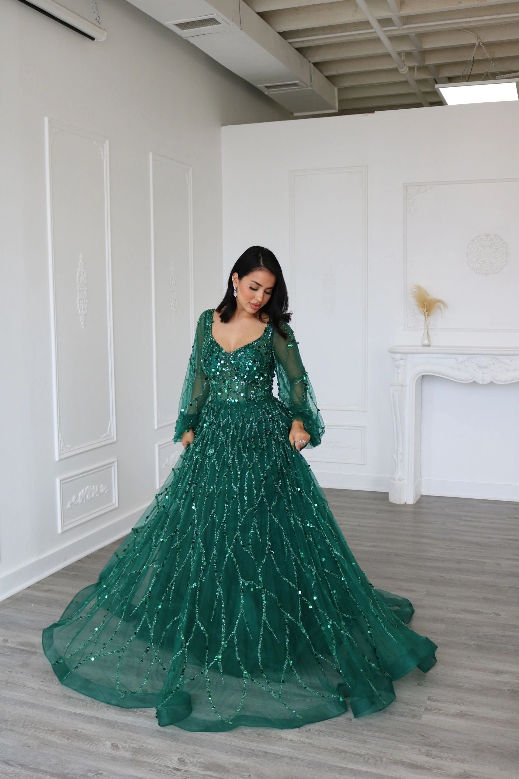 A Line V Neck Long Puff Sleeves Evening Dress