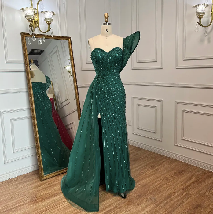Beaded One Shoulder Strapless Evening Gown