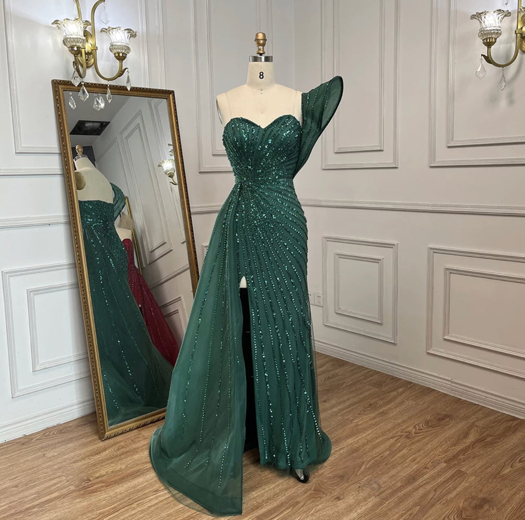 Beaded One Shoulder Strapless Evening Gown