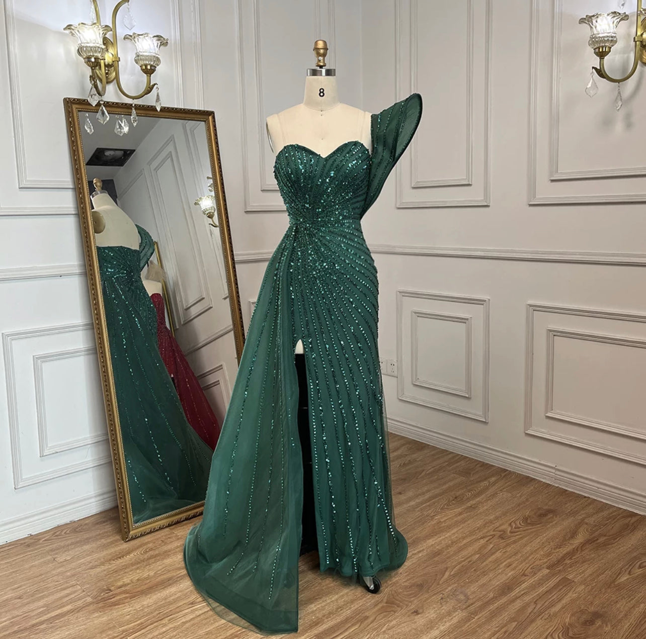 Beaded One Shoulder Strapless Evening Gown