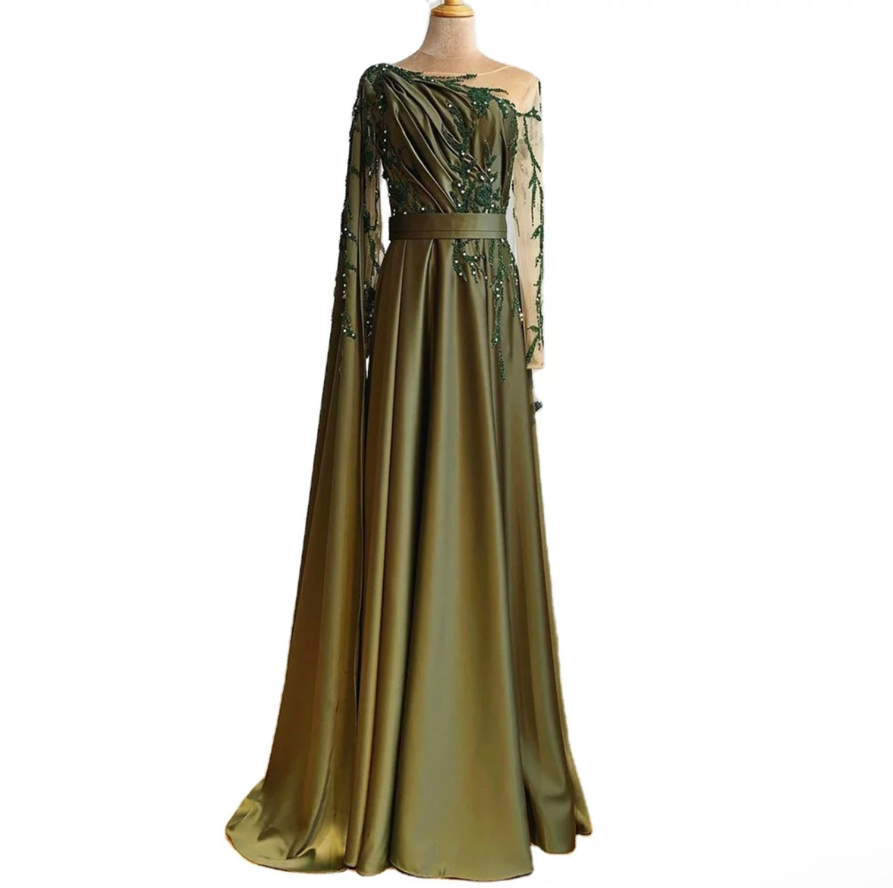 Olive Green O Neck Long Sleeves Evening Dresses