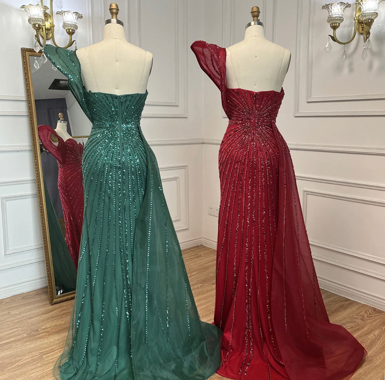 Beaded One Shoulder Strapless Evening Gown