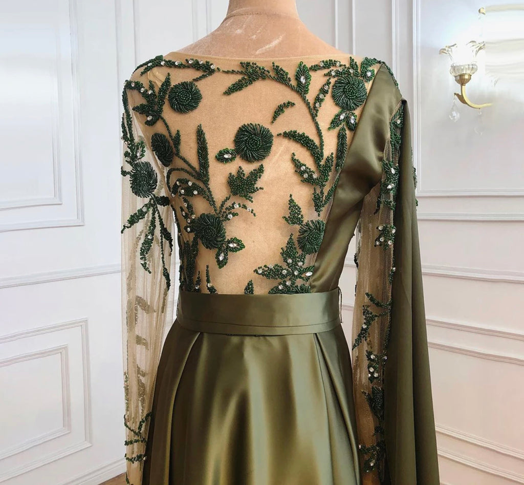 Olive Green O Neck Long Sleeves Evening Dresses