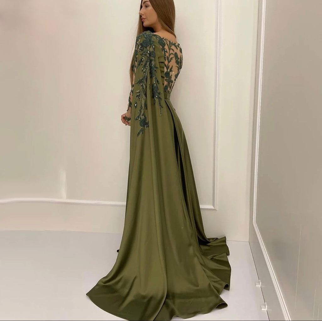 Olive Green O Neck Long Sleeves Evening Dresses