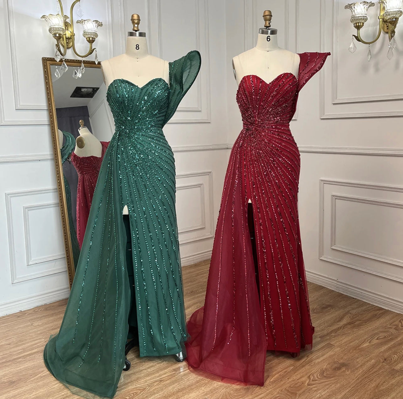 Beaded One Shoulder Strapless Evening Gown