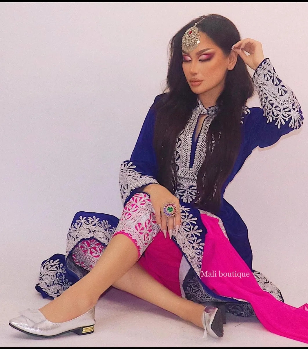 Nel Afghan Kuchi Dress Royal blue/Pink